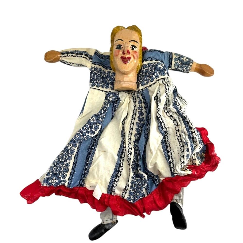 Vintage German Hand Puppet Wooden Head Folk Costume Cloth Body Rare